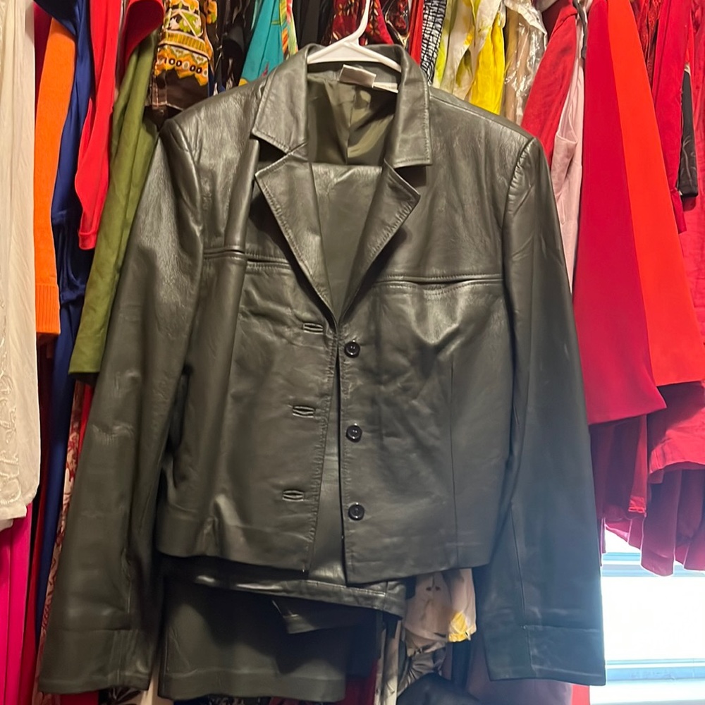 Olive green leather pant Suit
